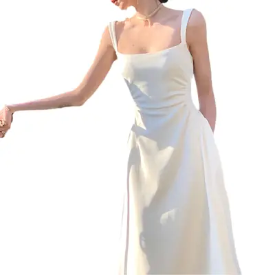 Black French Style Long Dress Women Spring Summer Elegant Strap Waist