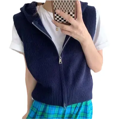 Women Hooded Zipper Vest Multi Color Loose Sleeve