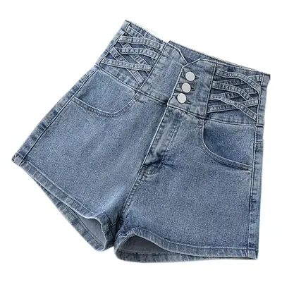 Women Cross Design High Waist Denim Shorts Blue