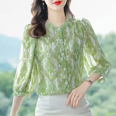 Women's Green Floral 7Pc Sleeve Top Large
