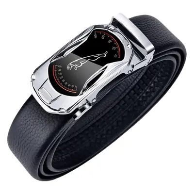 Men's Black Leather Belt with Silver Watch Band