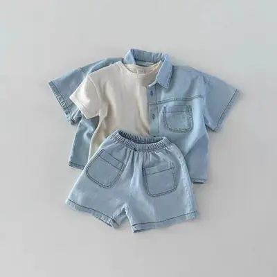 Light Blue Denim Pocket Shirt for Boys Girls Summer