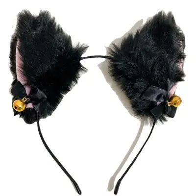 Black Faux Fur Cat Ears Bell Headband Set