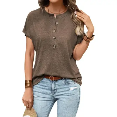 2023 Women Button Short Sleeve T-Shirt Pure Color