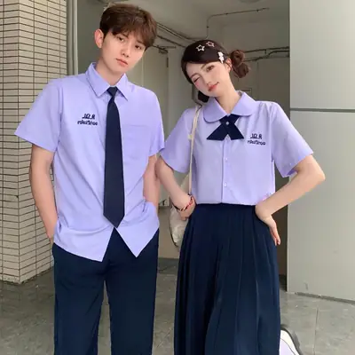 Thai School Uniform Purple Short Sleeve Shirt with Black Cross Belt