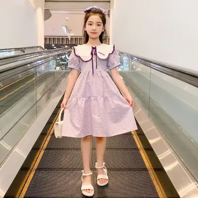 Girls Plaid Summer Dress with Lace Trim