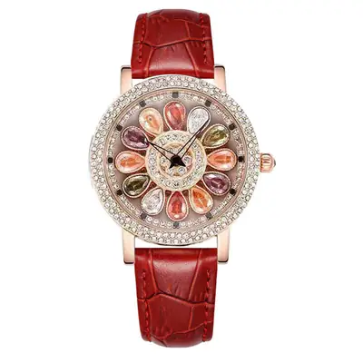 Women's Rainbow Rhinestone Watch with Black Leather Strap