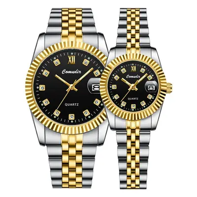 Couple Watches Gold Silver Quartz Calendar Pair