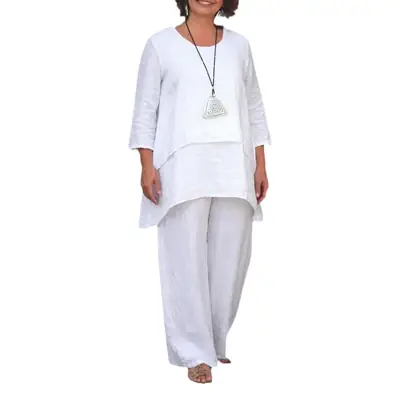 2023 Women Cotton Linen Casual White Large Irregular Long Sleeve Wide Leg Pants Set