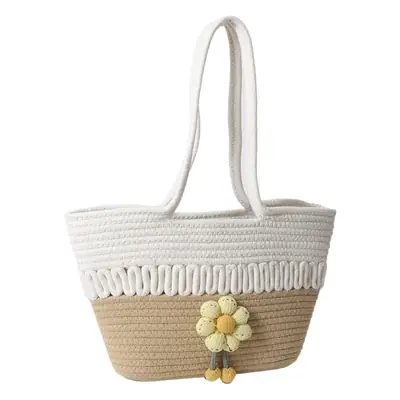 Women's Straw Flower Bag Beige White Shoulder Carry