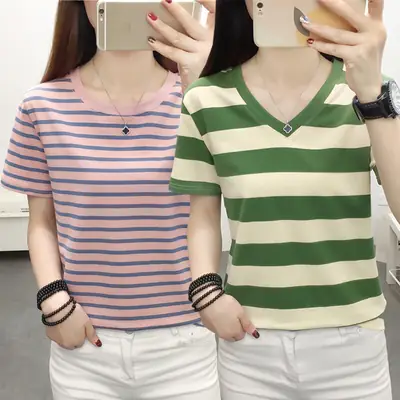 Women Blue Striped V-Neck T-Shirt Large Cotton 2023