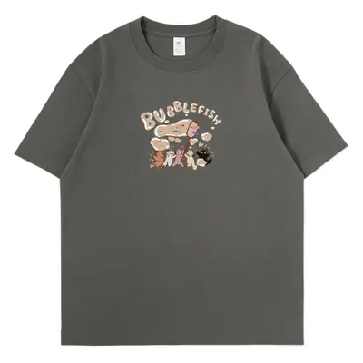Men Cartoon Printed Cotton T-Shirt Dark Blue Loose Large