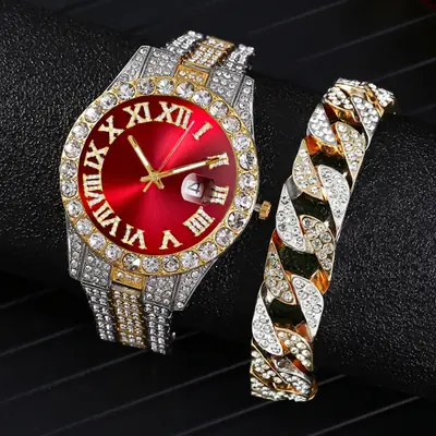 Luxury Gold Diamond Watch for Men Red Face Roman Scale