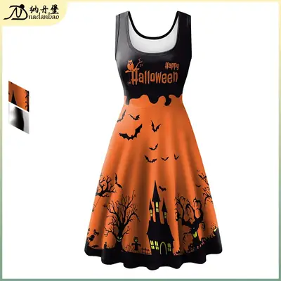 Women's 2024 Halloween Skirt Dress with Bat & Castle Print