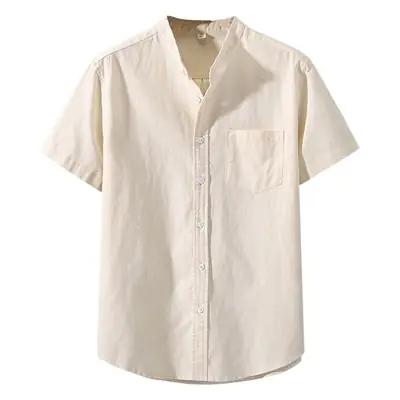 Men Linen Short Sleeve Shirt Loose Fit Cream