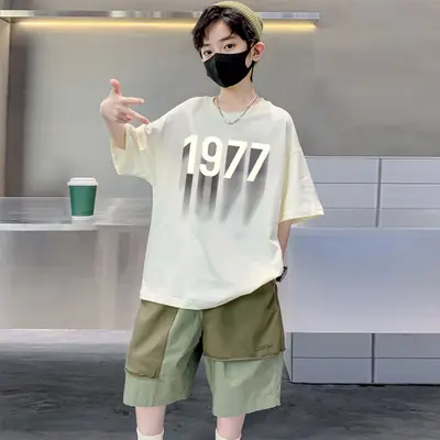 Kids 1977 Letter T-Shirt Grey Cotton Shorts Set