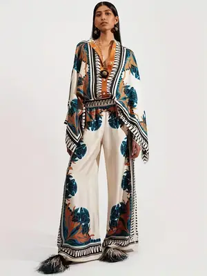 European American Cross-Border Ethnic Print Suit Loose Bat Sleeves Shawl Shirt