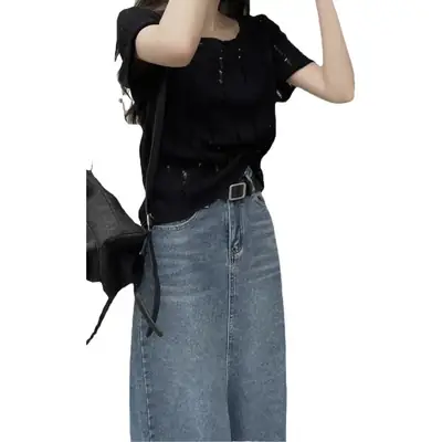 Women 2025 Summer Hollow Out Knitted T-Shirt Short Sleeve