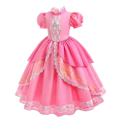 Pink Princess Dress for Girls with Lace Trim