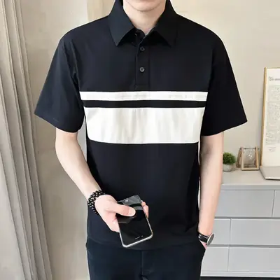 Men's Black Striped Polo Shirt Short Sleeve Summer Wear