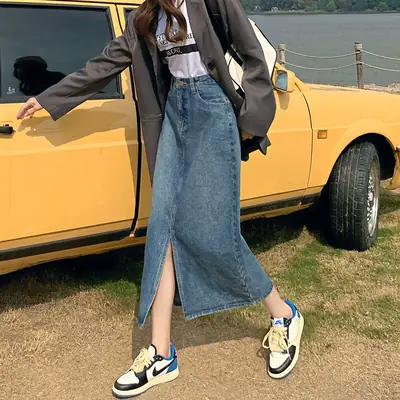 Women Denim Split Skirt High Waist A-Shape Summer
