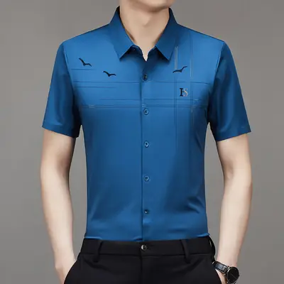 Men's Light Blue Printed Lapel Shirt Short Sleeve