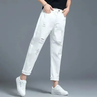 White Ripped Cropped Women's Harem Pants 2025