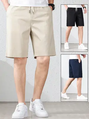 Men Black Summer Thin Cotton Shorts Elastic Waist