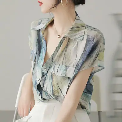 Imitation Silk Short Sleeve V-Neck Shirt Women