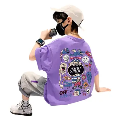 Boys Cotton Cartoon T-Shirt Black Summer Loose Fit