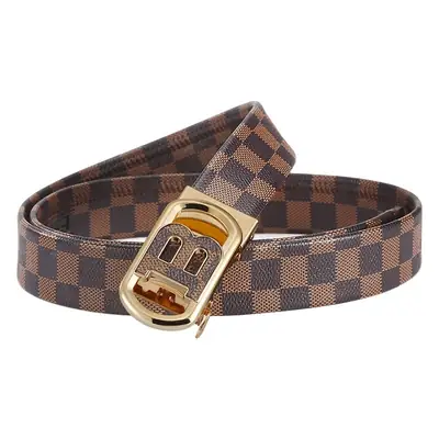 New Men's Automatic Buckle Letter Belt with Brown Check Pattern