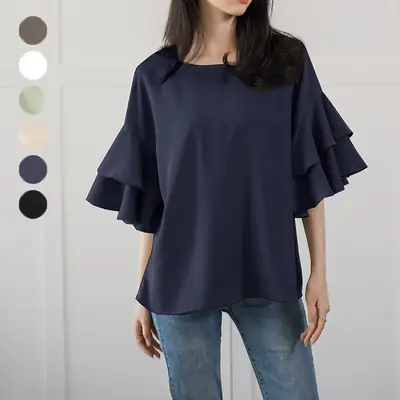 Real Shot Japanese Rakuten 2023 Summer New Women's Loose Shirt Round Neck Double-Layer Lotus Leaf Shoulder