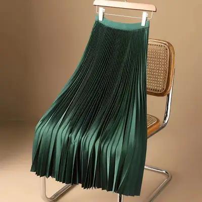 White Pleated Satin Skirt Mid Length High Waist
