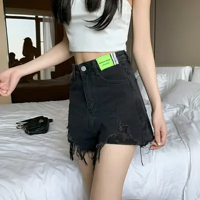 Ripped Denim Shorts Women 2023 High Waist Slimming