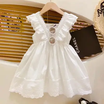 Elegant White Princess Lace Vest Dress for Girls 2025 Summer