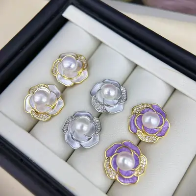 Natural Pearl Earrings S925 Sterling Silver White Camellia High-End
