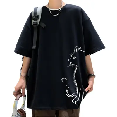 Men Pure Cotton Cat Print T-Shirt Turquoise Short Sleeve