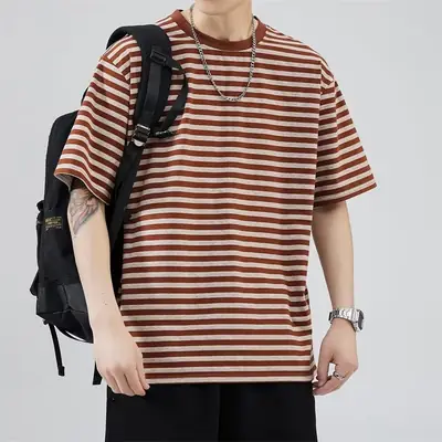 Men Striped Cotton T-shirt Black White Casual Wear