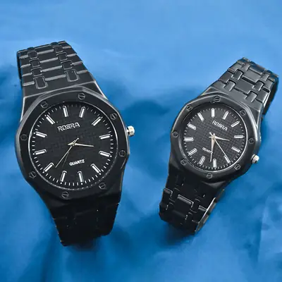 Rosna Black Quartz Couple Watch with Stainless Steel Band