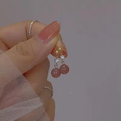 Natural Pink Crystal Earrings 14K Gold Plated for Women