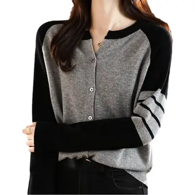 Plus-Size Women's White Black Cardigan Long Sleeve Sweater 2025