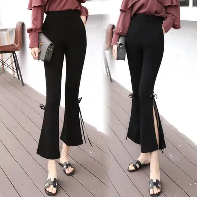 Women's Vintage Chic Side Slit Pants Black Cropped Slim Fit