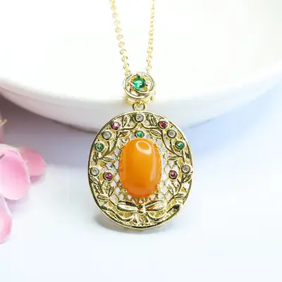 Natural Amber Cabochon Pendant Necklace with Green Stones