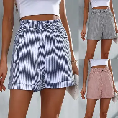 Women Striped Cotton Shorts Blue White Casual Summer