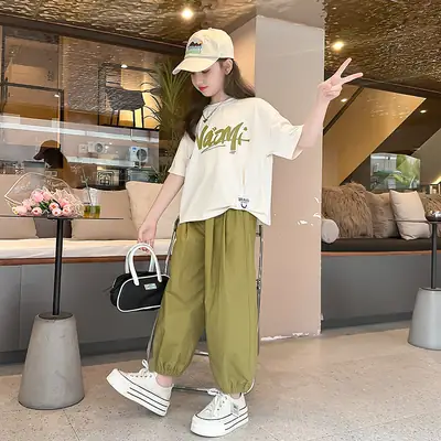 Girls 2-Piece Summer Suit Olive Green Thin Cotton Set
