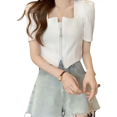 Women's Zip Front Summer T-Shirt Slimming Design