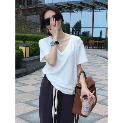 Women Black V-Neck Short Sleeve T-Shirt Summer 2023