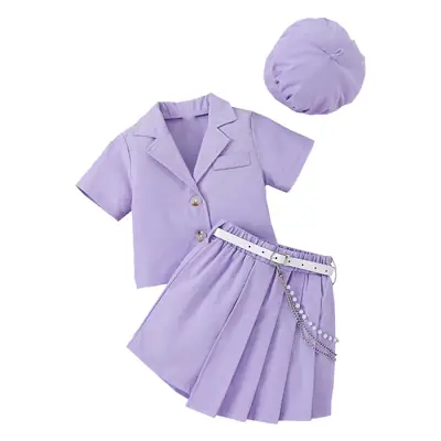 Lilac Purple Girls Spring Summer Set with Belted Shorts and Hat