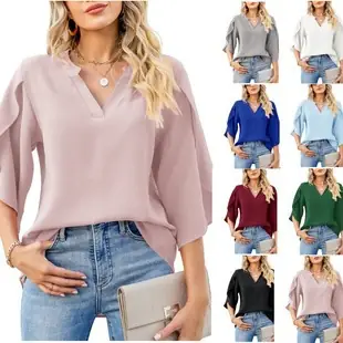2025 Blue V-Neck Chiffon Top for Women