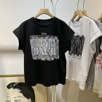 Women Korean Style Lace T-Shirt Black Grey Print